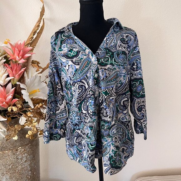 212 Collection Tops - Paisley 3/4 Sleeve Blue and Green Cotton Blouse 2XL